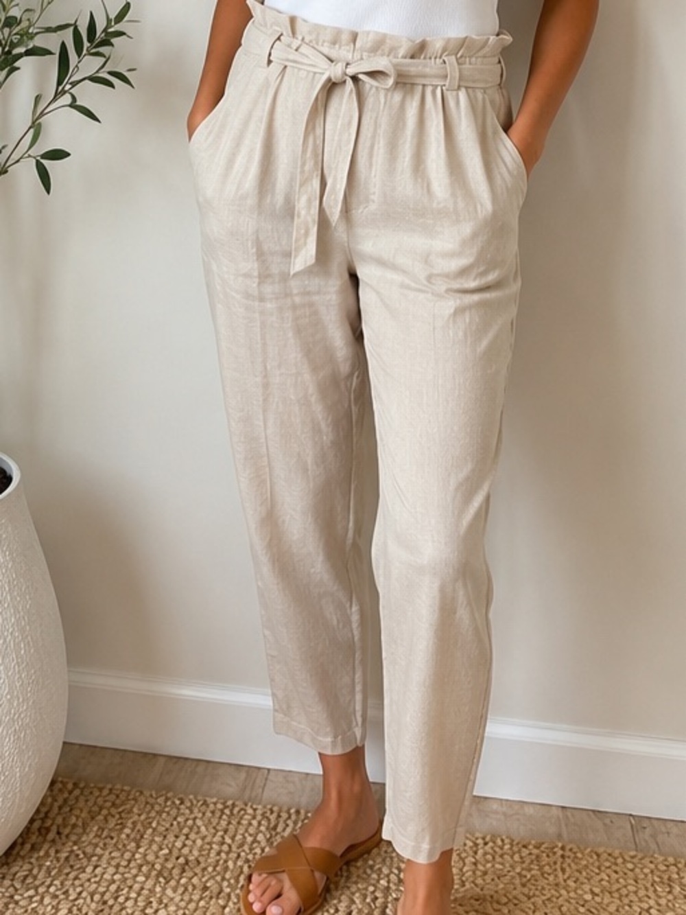LOFT Linen Blend Paperbag Waist Tie Front Tapered Pants Beige Women’s M